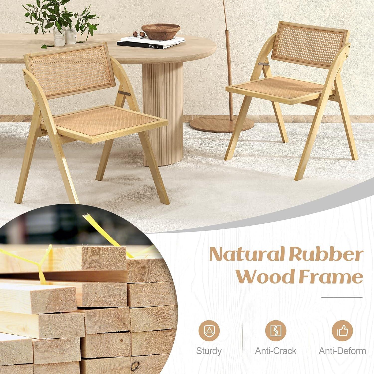 image:imageGiantex Folding Dining Chairs Set of 2 Wooden Folding Chair with Rattan Backrest amp Seat Sturdy Rubber Wood Frame Armless Accent Chairs for Living Room Kitchen Wedding Party No Assembly NaturalNatural