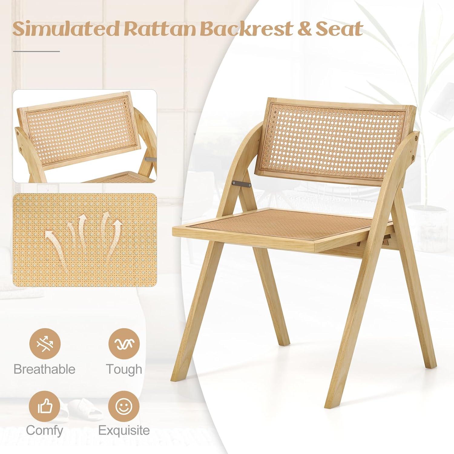 image:imageGiantex Folding Dining Chairs Set of 2 Wooden Folding Chair with Rattan Backrest amp Seat Sturdy Rubber Wood Frame Armless Accent Chairs for Living Room Kitchen Wedding Party No Assembly NaturalNatural
