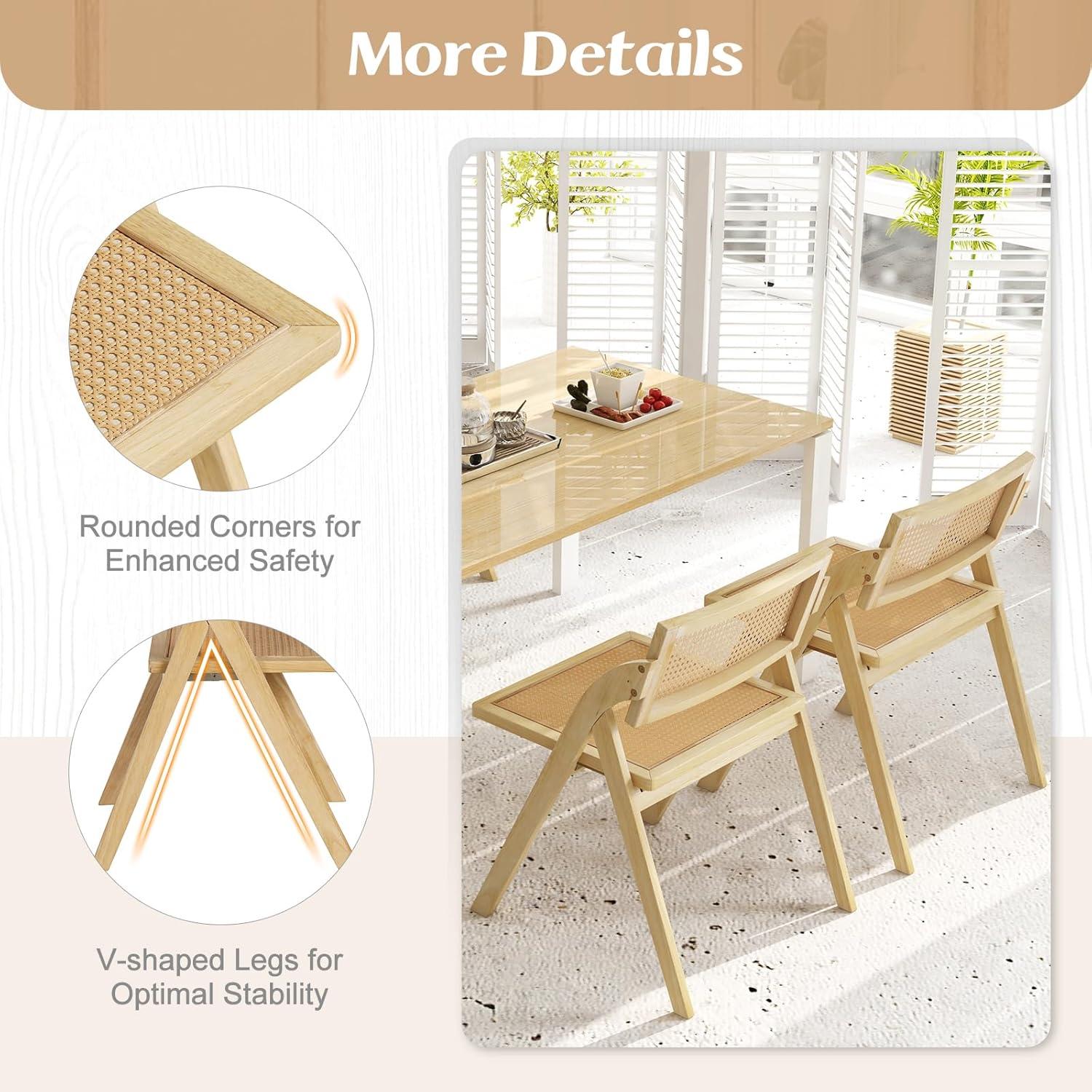 image:imageGiantex Folding Dining Chairs Set of 2 Wooden Folding Chair with Rattan Backrest amp Seat Sturdy Rubber Wood Frame Armless Accent Chairs for Living Room Kitchen Wedding Party No Assembly NaturalNatural