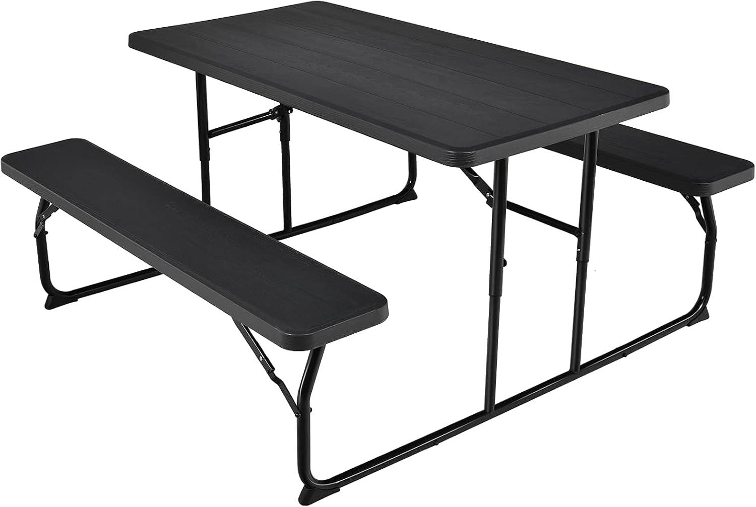 image:imageGiantex Folding Picnic Table Bench Set Outdoor Dining Table Set Large Camping Table for Patio Deck Lawn Garden Backyard Poolside Portable Picnic Tables Weather Resistant Metal Frame BlackBlack