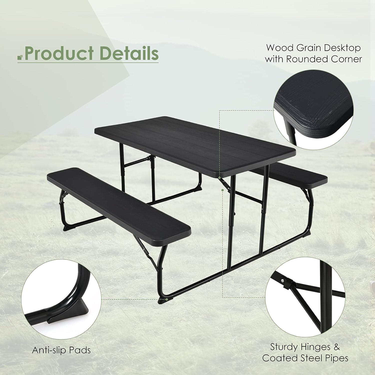 image:imageGiantex Folding Picnic Table Bench Set Outdoor Dining Table Set Large Camping Table for Patio Deck Lawn Garden Backyard Poolside Portable Picnic Tables Weather Resistant Metal Frame BlackBlack