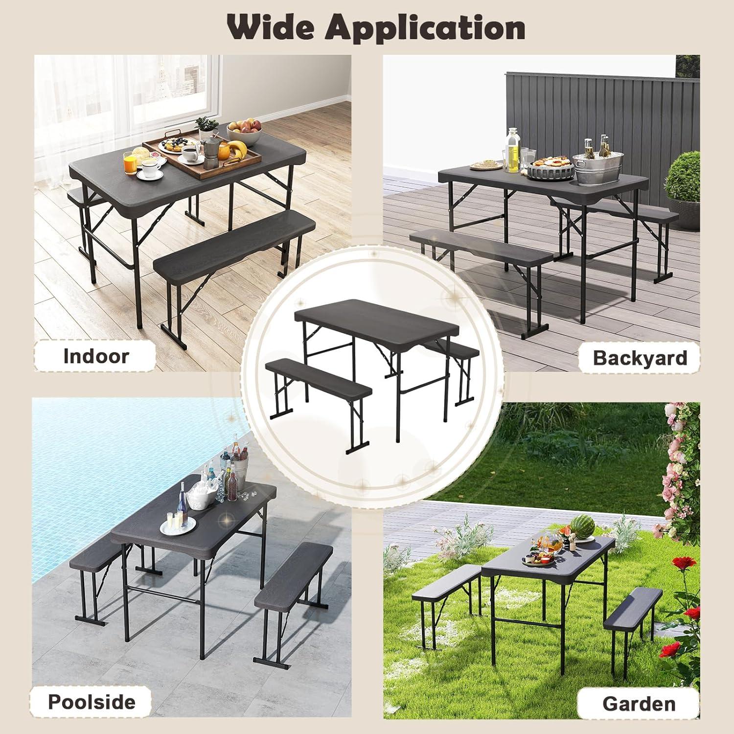 image:imageGiantex Folding Picnic Table Bench Set Rectangular Patio Dining Table Set for 4 with HDPE Tabletop Metal Frame SpaceSaving and Portable for Camping Party Dining BBQ BlackBlack