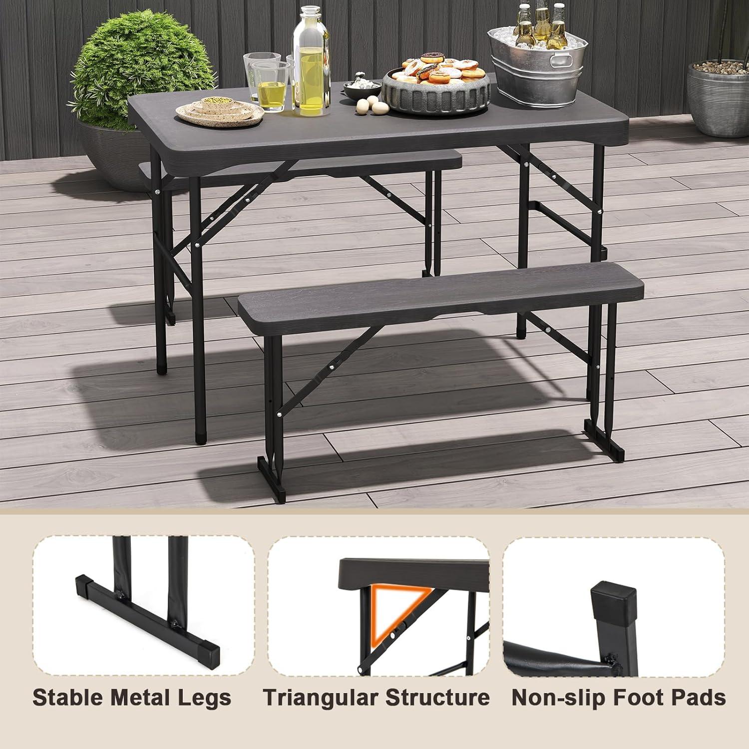 image:imageGiantex Folding Picnic Table Bench Set Rectangular Patio Dining Table Set for 4 with HDPE Tabletop Metal Frame SpaceSaving and Portable for Camping Party Dining BBQ BlackBlack