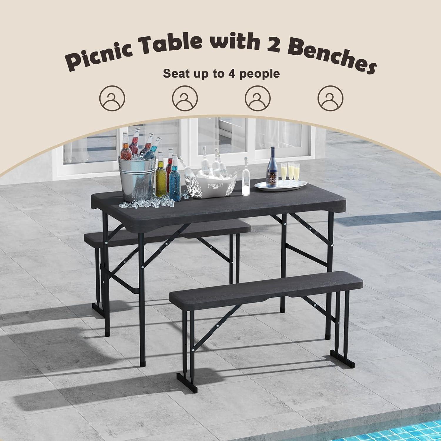 image:imageGiantex Folding Picnic Table Bench Set Rectangular Patio Dining Table Set for 4 with HDPE Tabletop Metal Frame SpaceSaving and Portable for Camping Party Dining BBQ BlackBlack