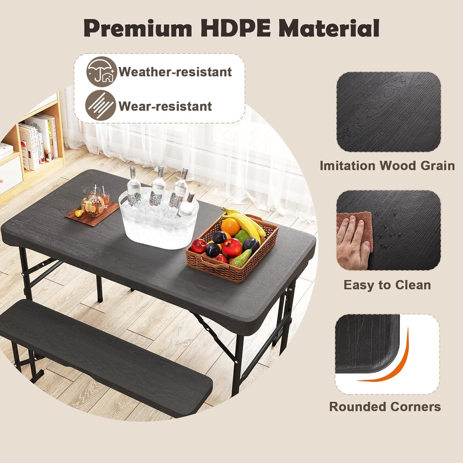 image:imageGiantex Folding Picnic Table Bench Set Rectangular Patio Dining Table Set for 4 with HDPE Tabletop Metal Frame SpaceSaving and Portable for Camping Party Dining BBQ BlackBlack