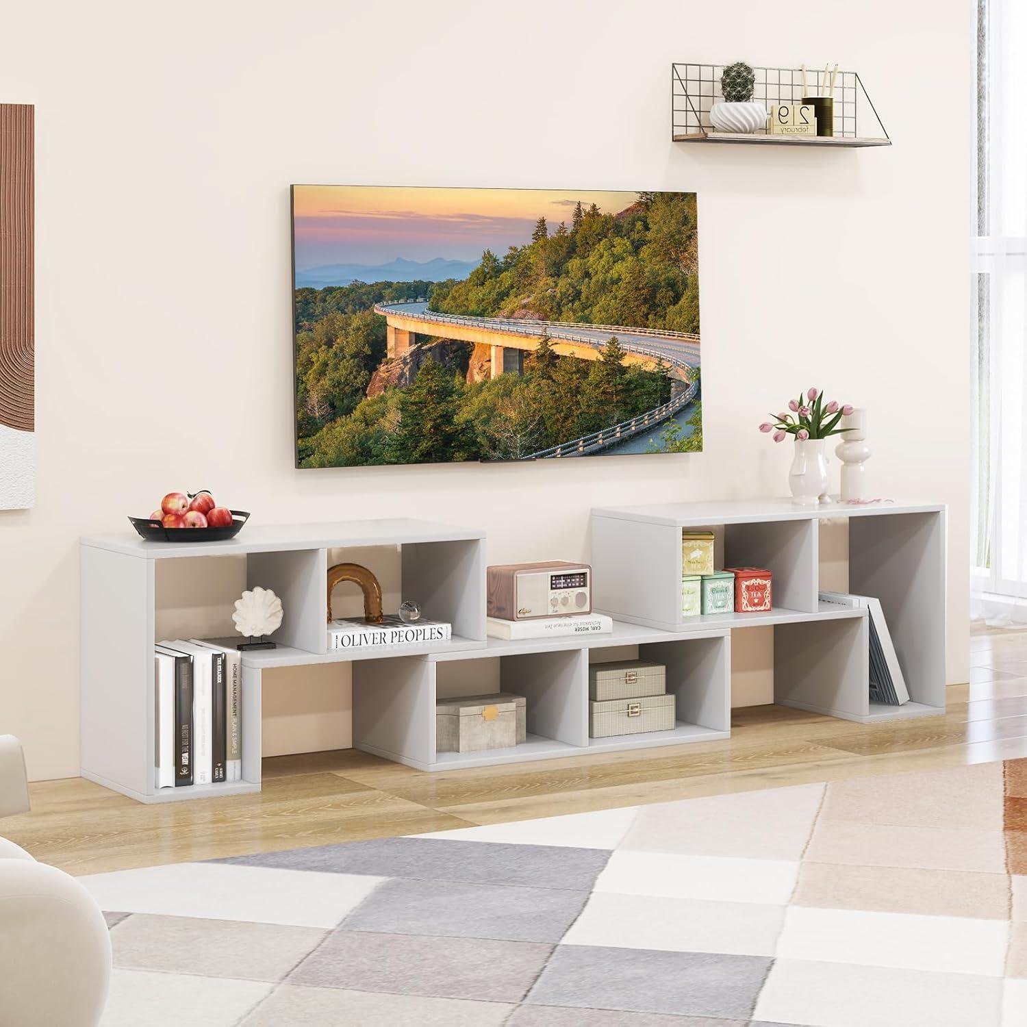 image:imageGiantex FreeCombination TV Stand for Bedroom Entertainment Center for 50 55 60 65 Inch TV 3Piece Media Console Table with Storage Cubes Deformable Open Storage Bookcase Shelf WhiteWhite