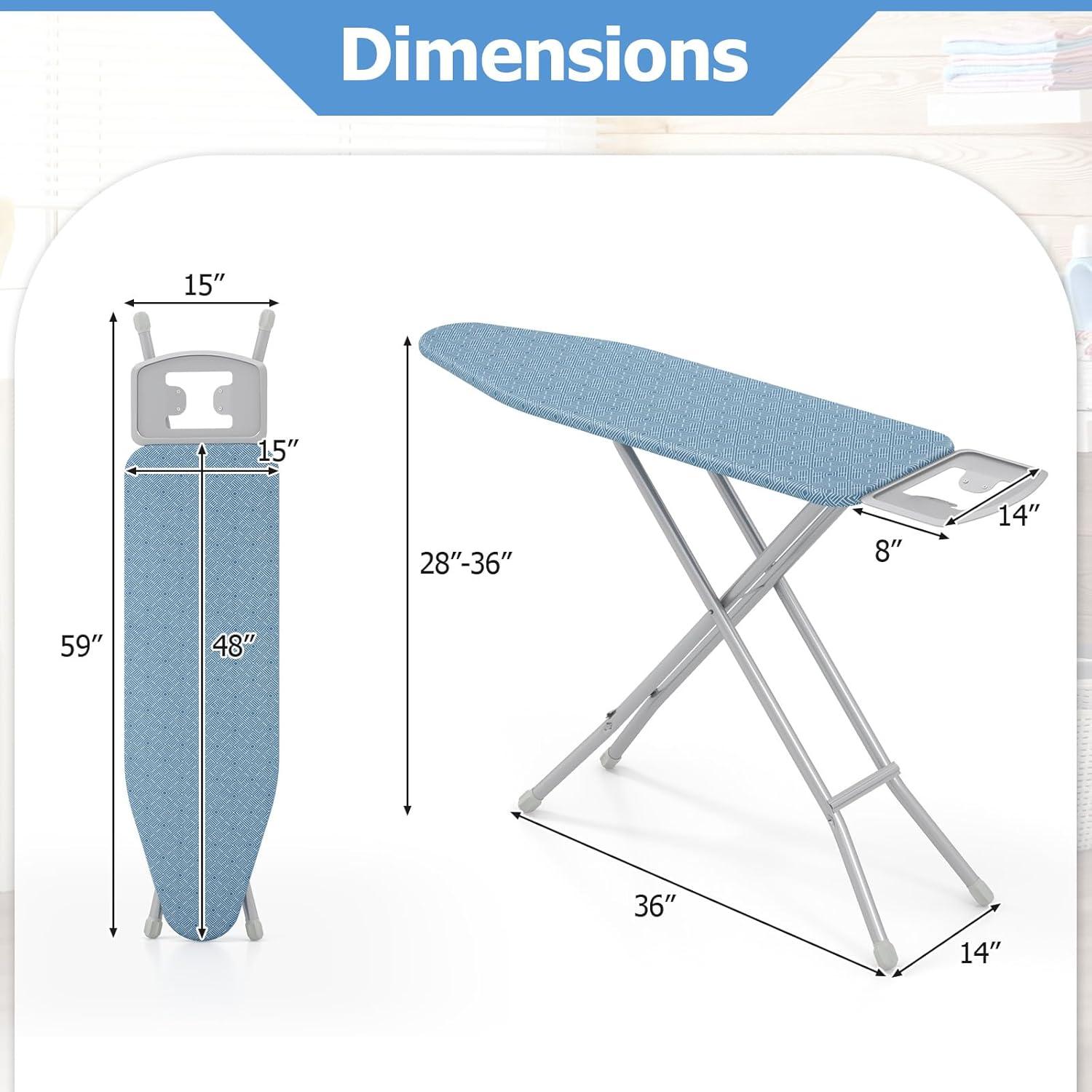 image:imageGiantex Full Size Ironing Board with Iron Rest 57 x 15 Carbon Steel Table with 7Level Height amp Heat Resistant Cover Foldable 4Layer Iron Board for Home Dorm amp Laundry Room GrayBlue