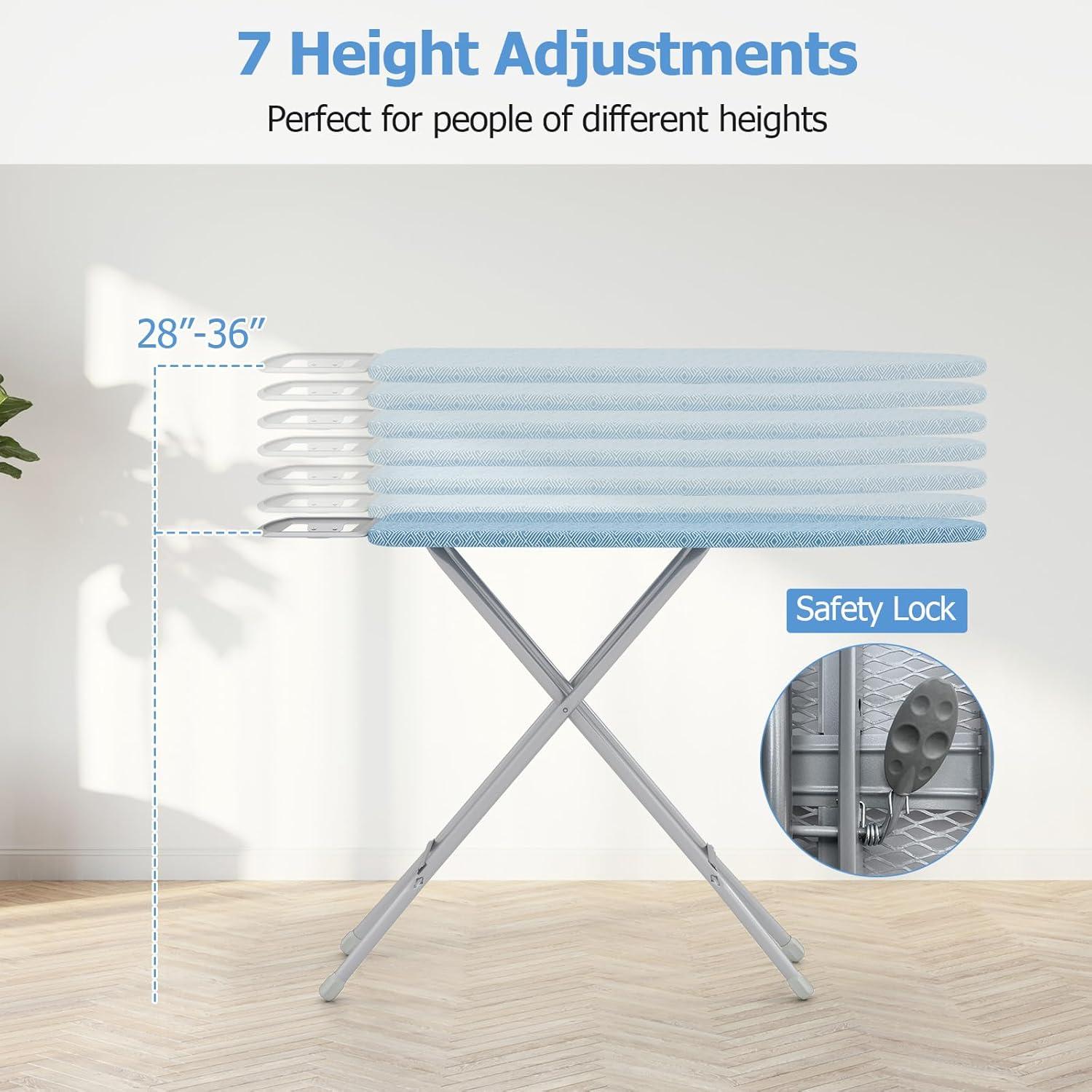 image:imageGiantex Full Size Ironing Board with Iron Rest 57 x 15 Carbon Steel Table with 7Level Height amp Heat Resistant Cover Foldable 4Layer Iron Board for Home Dorm amp Laundry Room GrayBlue