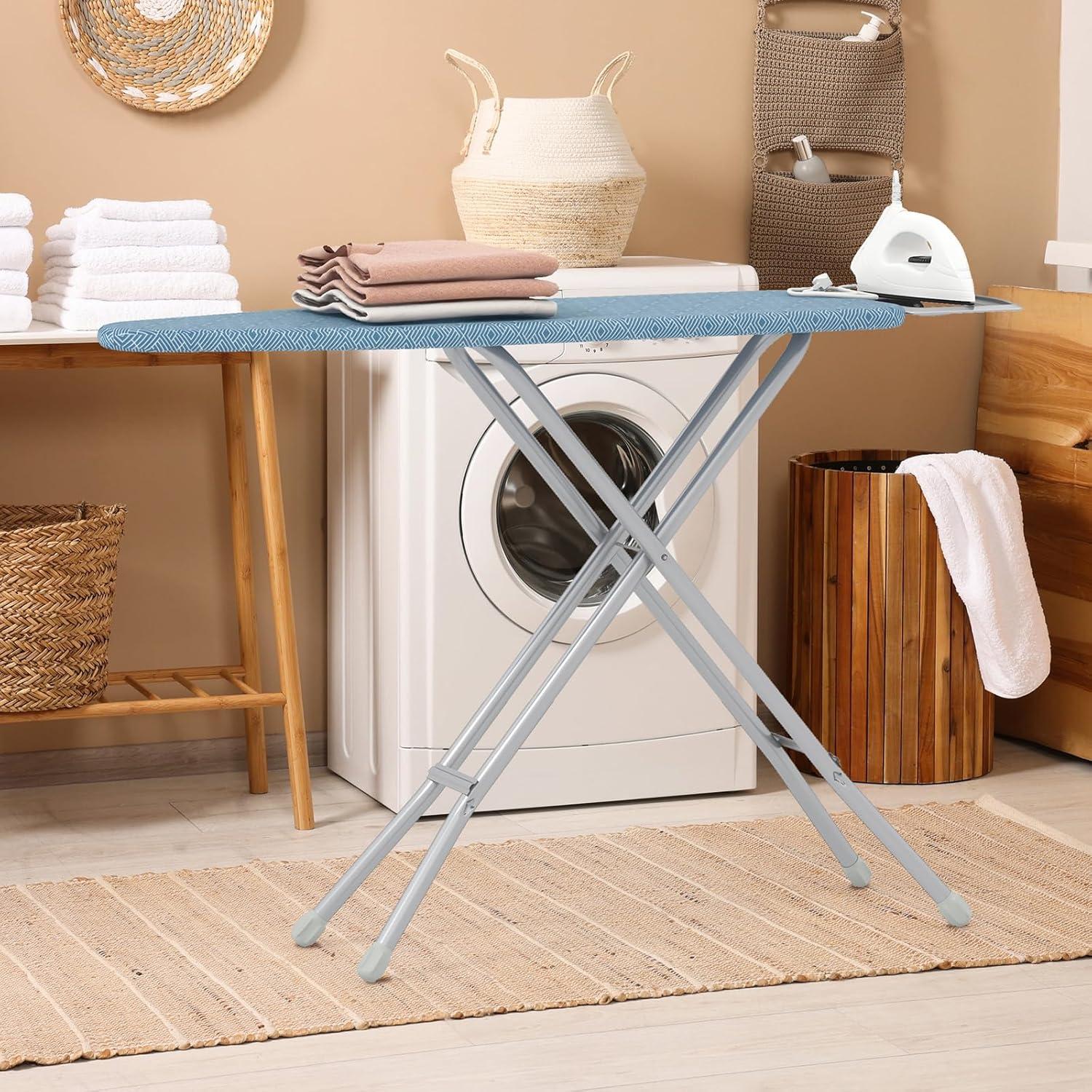 image:imageGiantex Full Size Ironing Board with Iron Rest 57 x 15 Carbon Steel Table with 7Level Height amp Heat Resistant Cover Foldable 4Layer Iron Board for Home Dorm amp Laundry Room GrayBlue