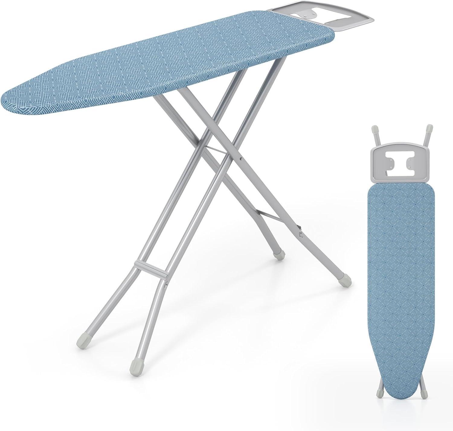 image:imageGiantex Full Size Ironing Board with Iron Rest 57 x 15 Carbon Steel Table with 7Level Height amp Heat Resistant Cover Foldable 4Layer Iron Board for Home Dorm amp Laundry Room GrayBlue