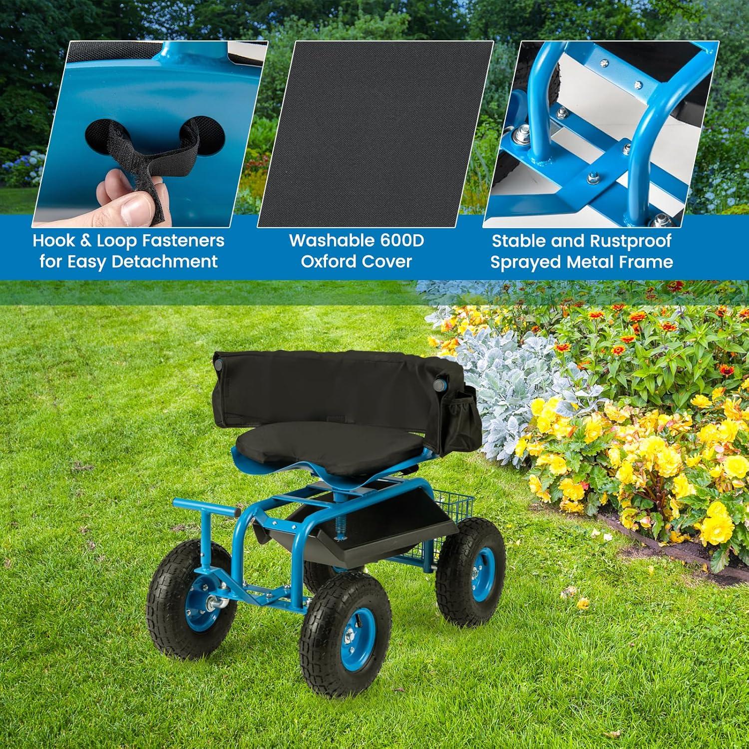 image:imageGiantex Garden Cart Rolling Workseat with 4 Wheels Tool Tray Removable Cushion Storage Basket 2 Handles Adjustable Height amp 360 Swivel Work Seat Gardening Stool for Patio Lawn Garden YardBlue Black