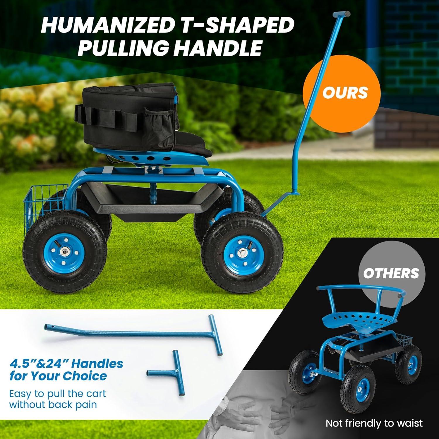 image:imageGiantex Garden Cart Rolling Workseat with 4 Wheels Tool Tray Removable Cushion Storage Basket 2 Handles Adjustable Height amp 360 Swivel Work Seat Gardening Stool for Patio Lawn Garden YardBlue Black