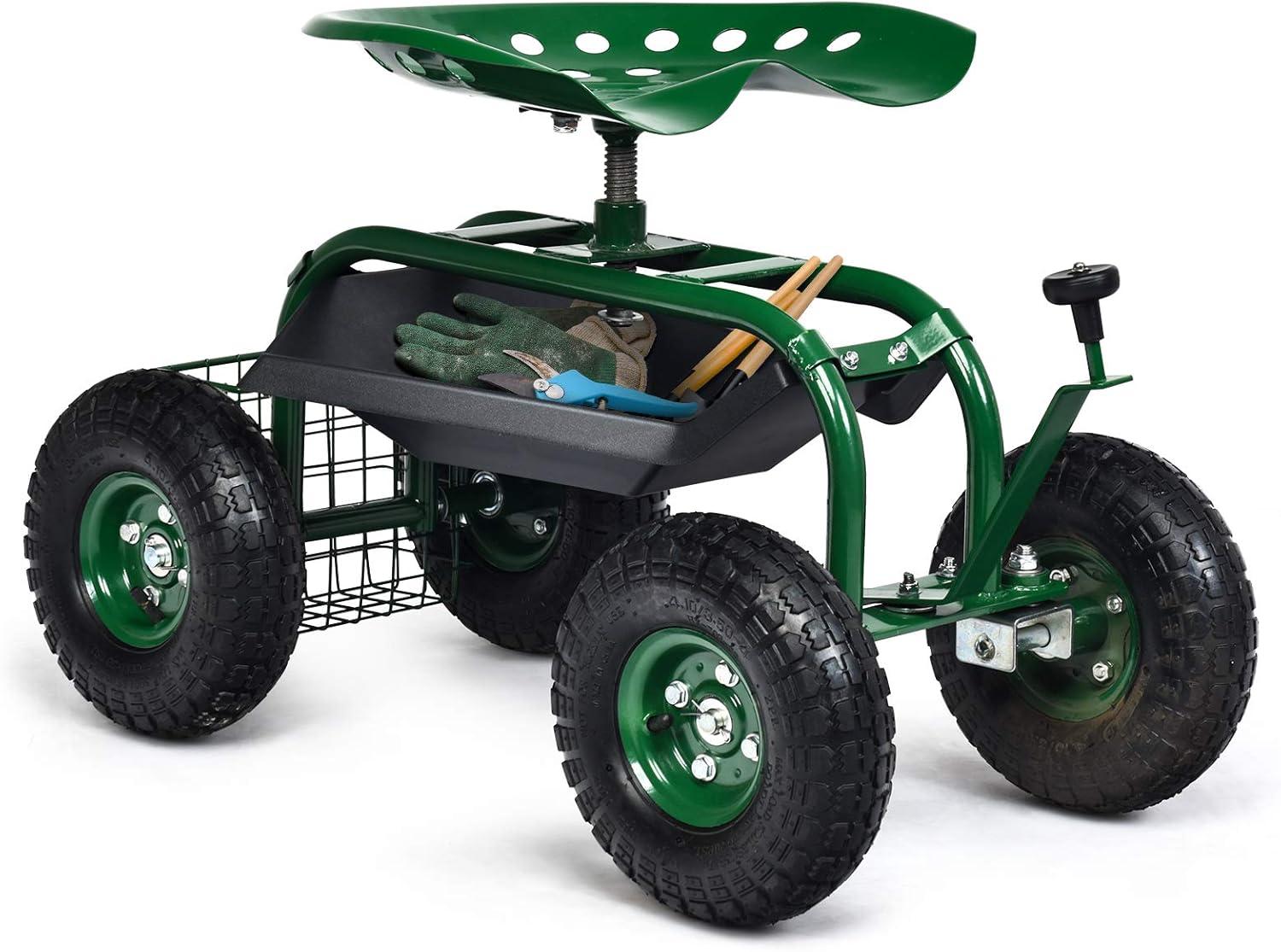 image:imageGiantex Garden Cart with Seat Rolling Garden Seat with Wheels Tools Basket 360 Swivel Gardening Workseat Adjustable Height Wagon Scooter for Patio Lawn Yard Outdoor Steerable Stool GreenGreen