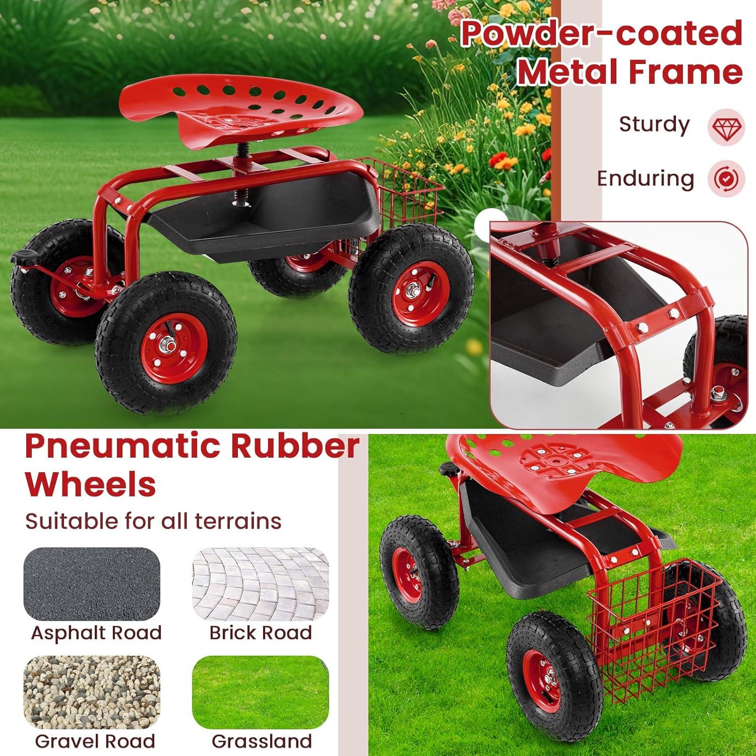 image:imageGiantex Garden Cart with Seat Rolling Garden Seat with Wheels Tools Basket 360 Swivel Gardening Workseat Adjustable Height Wagon Scooter for Patio Lawn Yard Outdoor Steerable Stool GreenRed