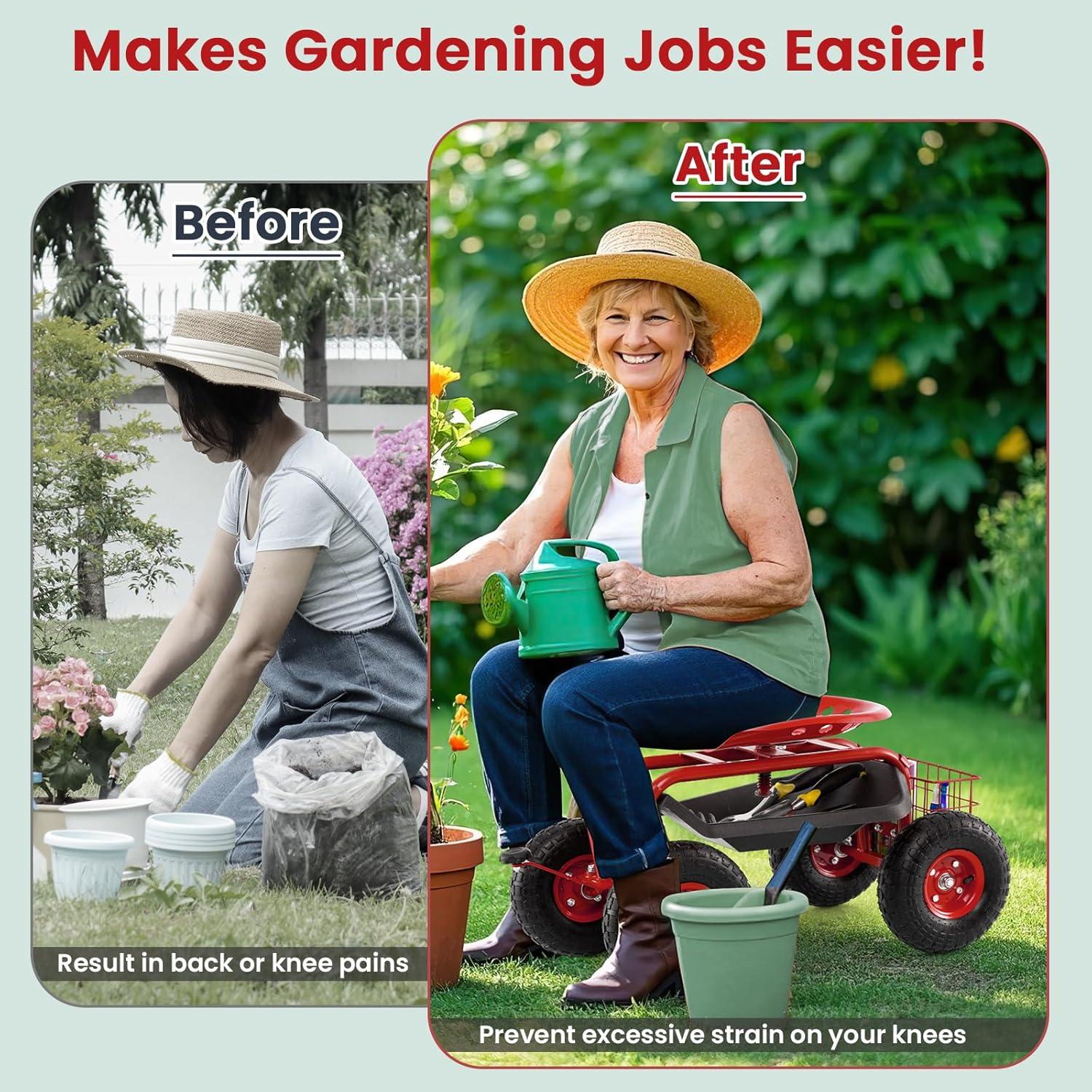 image:imageGiantex Garden Cart with Seat Rolling Garden Seat with Wheels Tools Basket 360 Swivel Gardening Workseat Adjustable Height Wagon Scooter for Patio Lawn Yard Outdoor Steerable Stool GreenRed