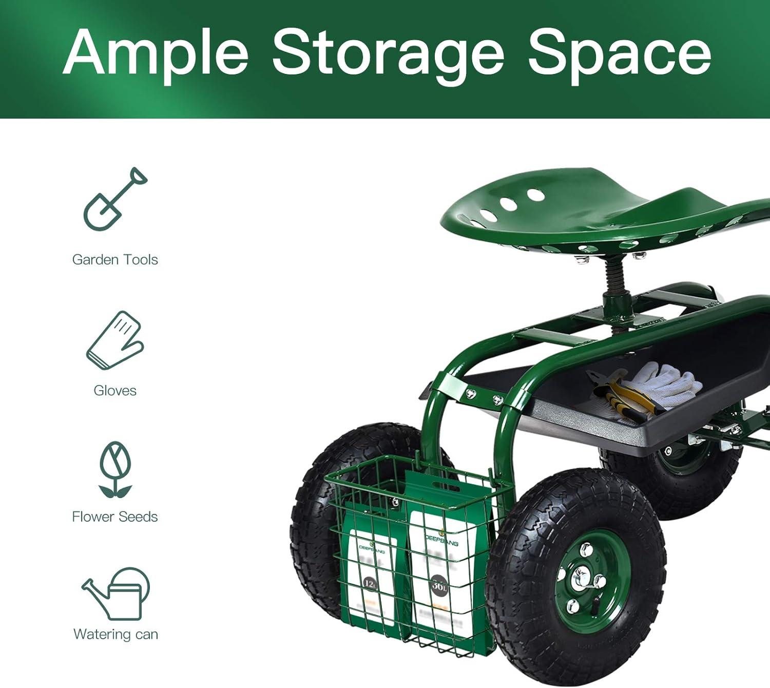 image:imageGiantex Garden Cart with Seat Rolling Garden Seat with Wheels Tools Basket 360 Swivel Gardening Workseat Adjustable Height Wagon Scooter for Patio Lawn Yard Outdoor Steerable Stool GreenGreen