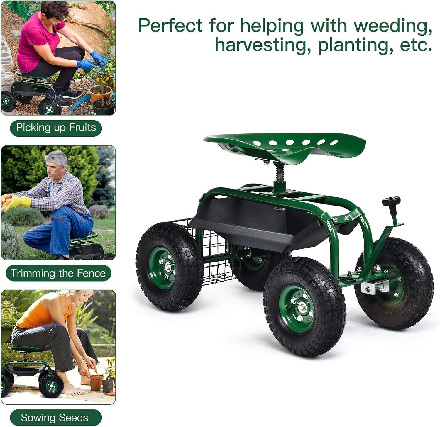 image:imageGiantex Garden Cart with Seat Rolling Garden Seat with Wheels Tools Basket 360 Swivel Gardening Workseat Adjustable Height Wagon Scooter for Patio Lawn Yard Outdoor Steerable Stool GreenGreen