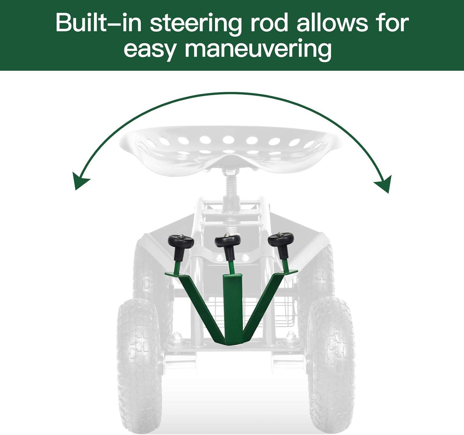image:imageGiantex Garden Cart with Seat Rolling Garden Seat with Wheels Tools Basket 360 Swivel Gardening Workseat Adjustable Height Wagon Scooter for Patio Lawn Yard Outdoor Steerable Stool GreenGreen