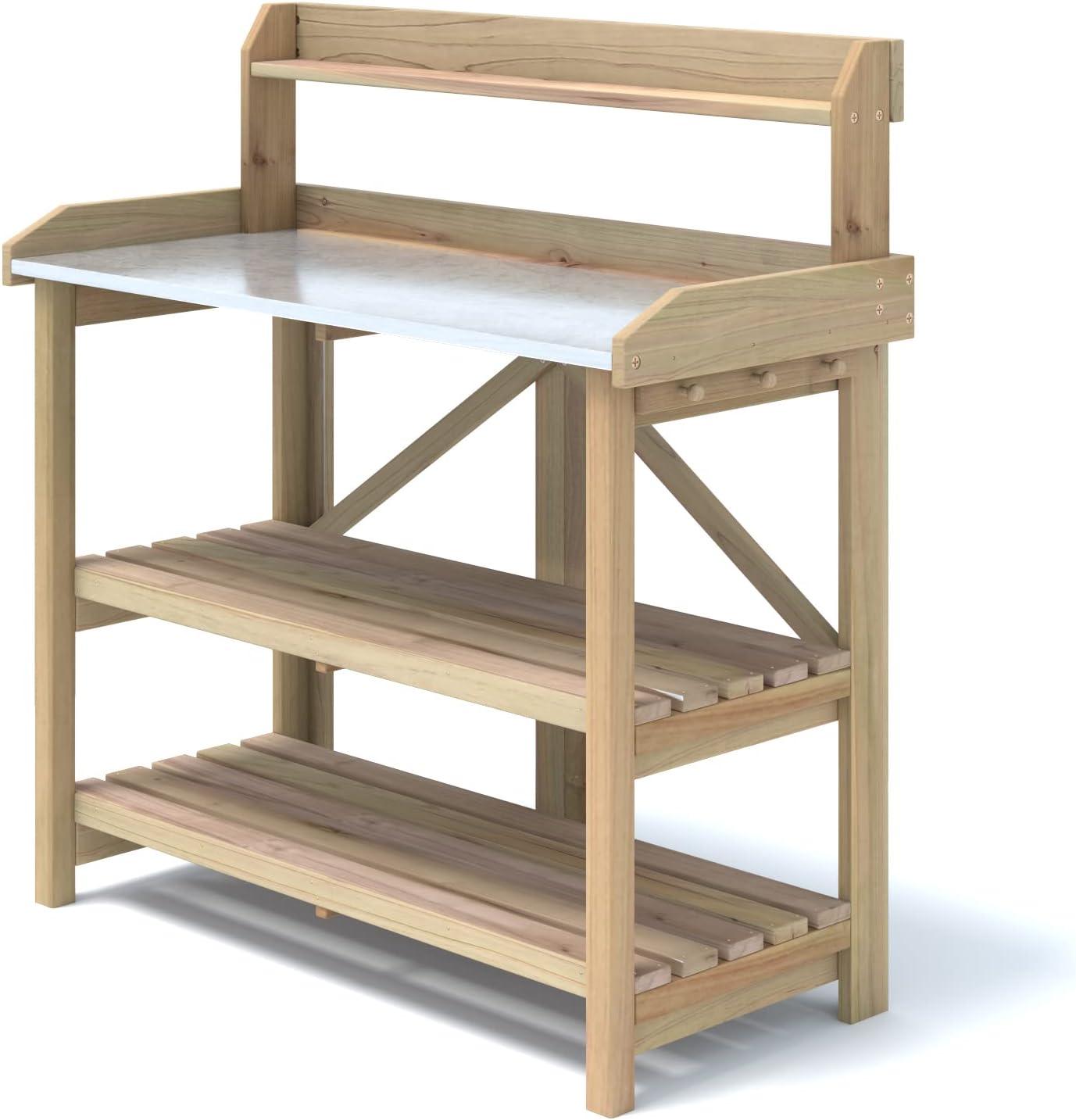 image:imageGiantex Garden Potting Bench Galvanized Steel Top 6 Hooks 2 Tier Storage Shelves Wood Workstation for Indoor Outdoor Gardening Planting Garage Tools Potted Plant Worktable 415x195x48