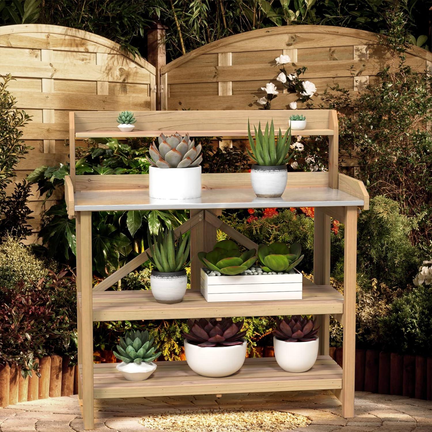 image:imageGiantex Garden Potting Bench Galvanized Steel Top 6 Hooks 2 Tier Storage Shelves Wood Workstation for Indoor Outdoor Gardening Planting Garage Tools Potted Plant Worktable 415x195x48