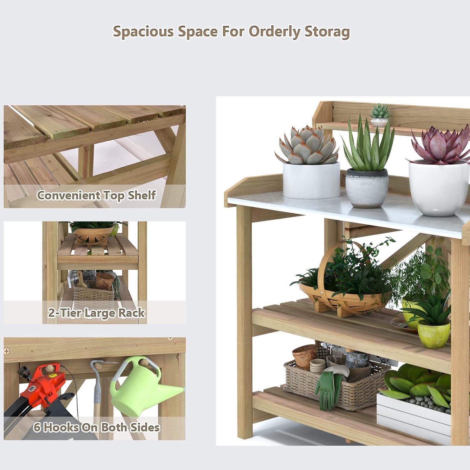 image:imageGiantex Garden Potting Bench Galvanized Steel Top 6 Hooks 2 Tier Storage Shelves Wood Workstation for Indoor Outdoor Gardening Planting Garage Tools Potted Plant Worktable 415x195x48