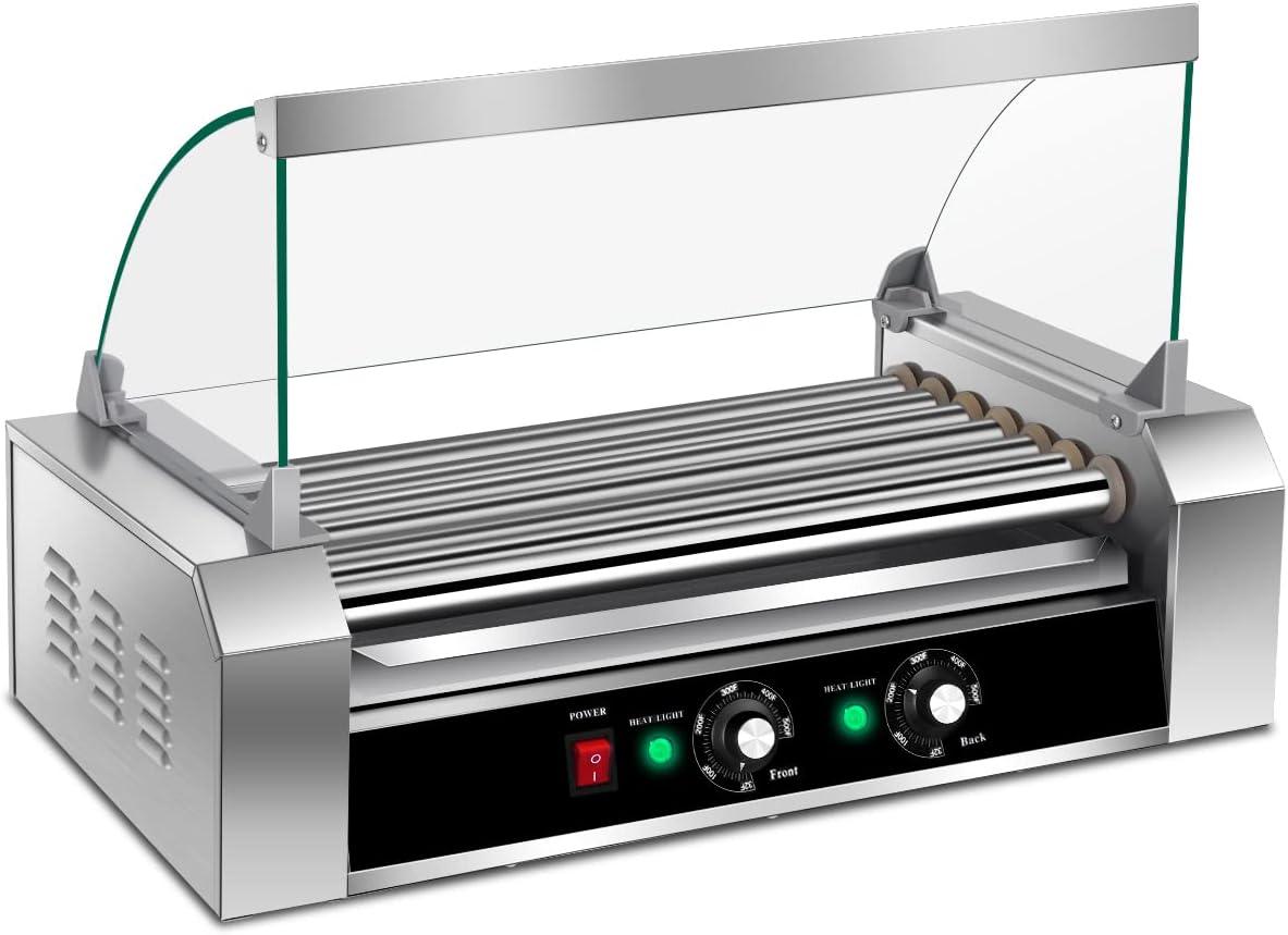 image:imageGiantex Hot Dog Roller Machine 7 NonStick Rollers 18 Hot Dog Sausage Grill Cooker Machine with Removable Stainless Steel Drip Tray and Glass Hood Cover Commercial Household Hot Dog Rotisserie23Lx13Wx16H