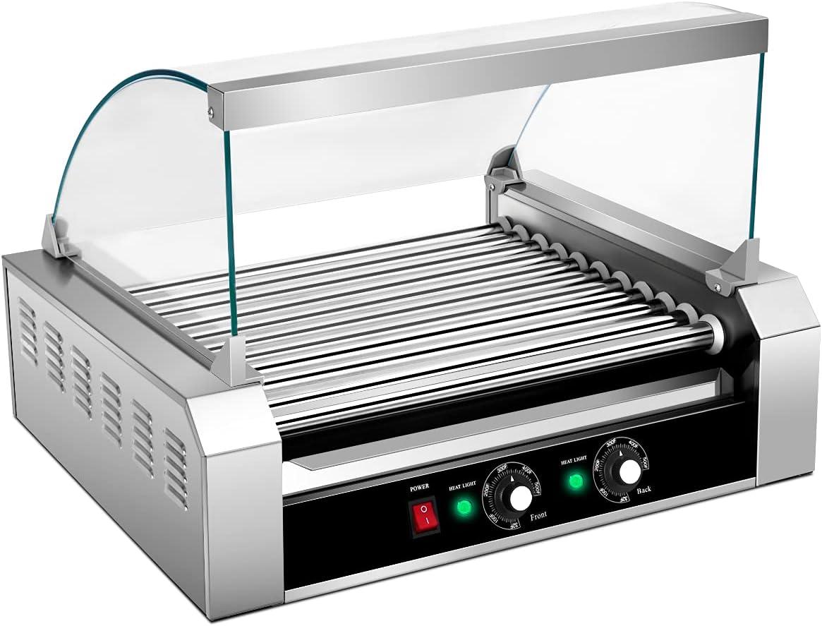 image:imageGiantex Hot Dog Roller Machine 7 NonStick Rollers 18 Hot Dog Sausage Grill Cooker Machine with Removable Stainless Steel Drip Tray and Glass Hood Cover Commercial Household Hot Dog Rotisserie23Lx19Wx17H