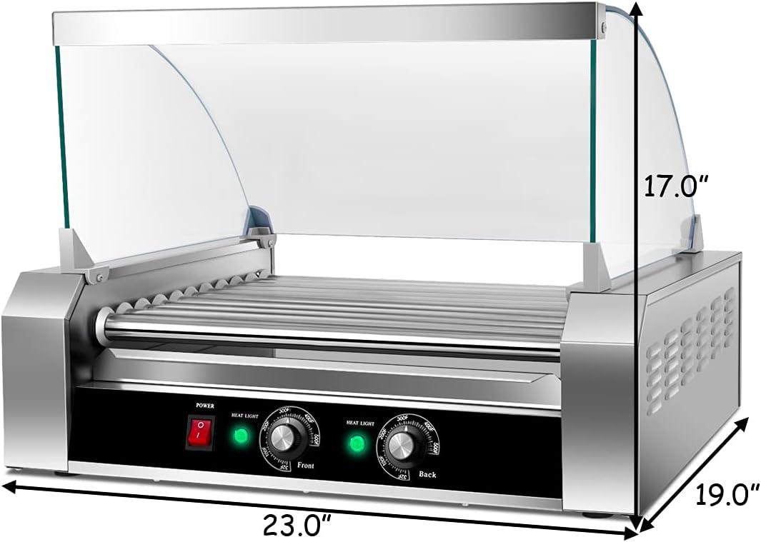 image:imageGiantex Hot Dog Roller Machine 7 NonStick Rollers 18 Hot Dog Sausage Grill Cooker Machine with Removable Stainless Steel Drip Tray and Glass Hood Cover Commercial Household Hot Dog Rotisserie23Lx19Wx17H