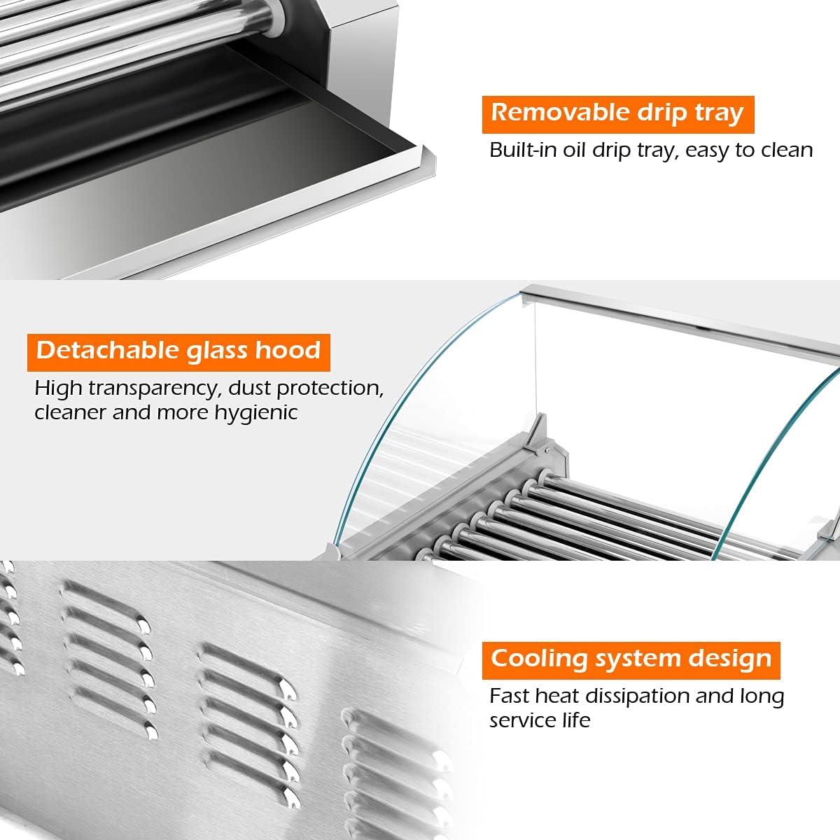 image:imageGiantex Hot Dog Roller Machine 7 NonStick Rollers 18 Hot Dog Sausage Grill Cooker Machine with Removable Stainless Steel Drip Tray and Glass Hood Cover Commercial Household Hot Dog Rotisserie23Lx19Wx17H