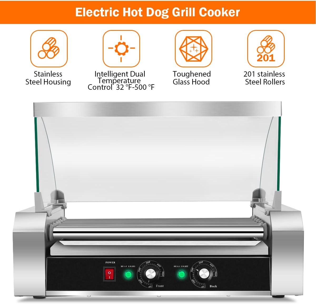 image:imageGiantex Hot Dog Roller Machine 7 NonStick Rollers 18 Hot Dog Sausage Grill Cooker Machine with Removable Stainless Steel Drip Tray and Glass Hood Cover Commercial Household Hot Dog Rotisserie23Lx13Wx16H