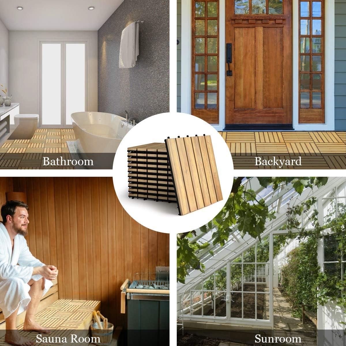 image:imageGiantex Interlocking Patio Deck Tiles Acacia Wood Deck Tiles Tools Free Assembly Wood Composite Patio Pavers Pack of 10 Outdoor and Indoor Flooring Tiles 12 x 12 Checker PatternStripe Pattern