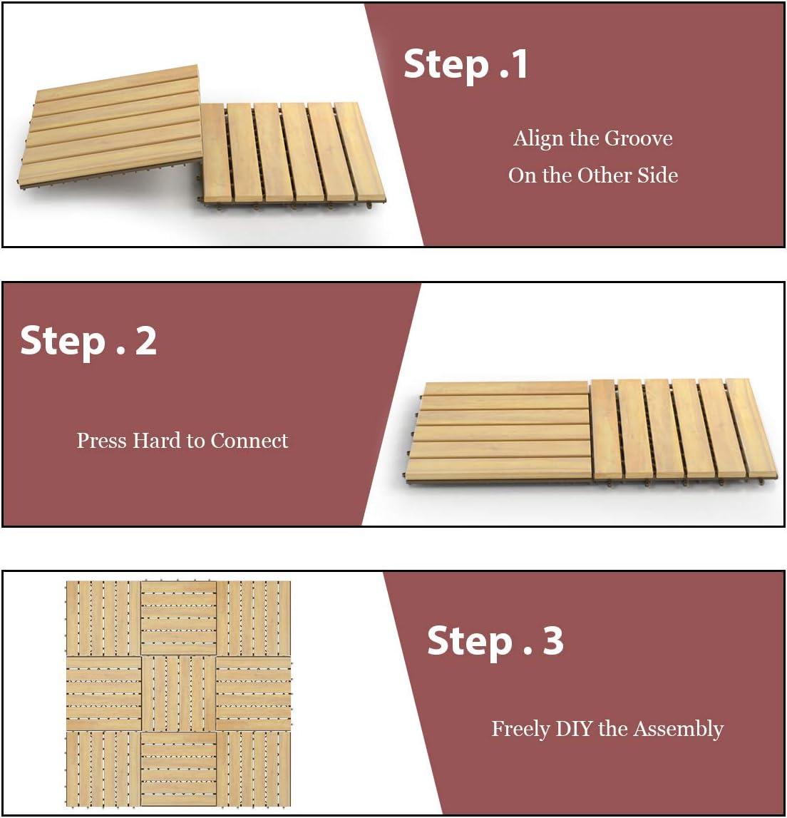 image:imageGiantex Interlocking Patio Deck Tiles Acacia Wood Deck Tiles Tools Free Assembly Wood Composite Patio Pavers Pack of 10 Outdoor and Indoor Flooring Tiles 12 x 12 Checker PatternStripe Pattern