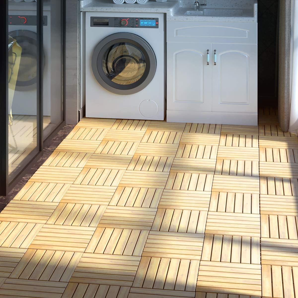 image:imageGiantex Interlocking Patio Deck Tiles Acacia Wood Deck Tiles Tools Free Assembly Wood Composite Patio Pavers Pack of 10 Outdoor and Indoor Flooring Tiles 12 x 12 Checker PatternStripe Pattern