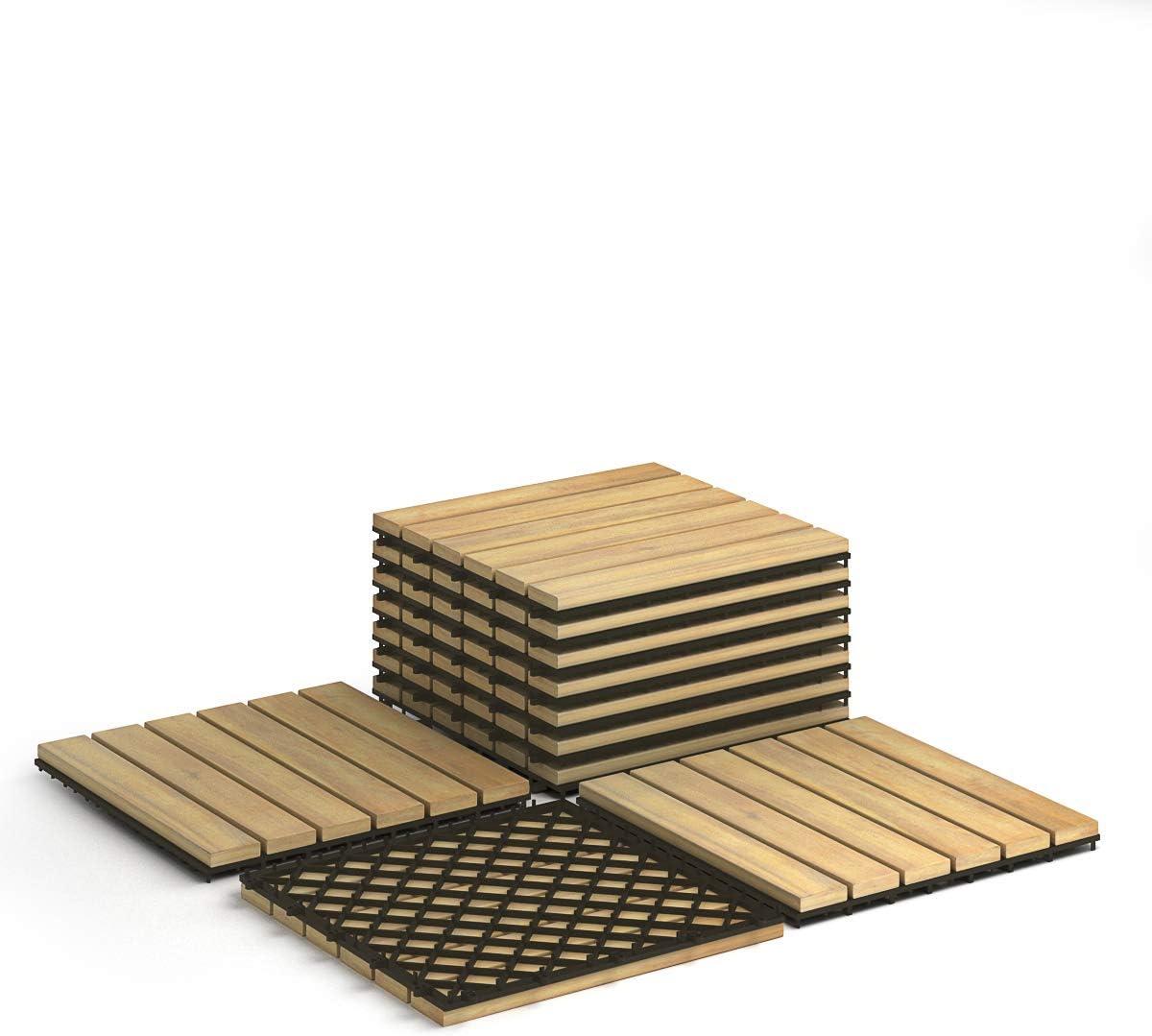 image:imageGiantex Interlocking Patio Deck Tiles Acacia Wood Deck Tiles Tools Free Assembly Wood Composite Patio Pavers Pack of 10 Outdoor and Indoor Flooring Tiles 12 x 12 Checker PatternStripe Pattern