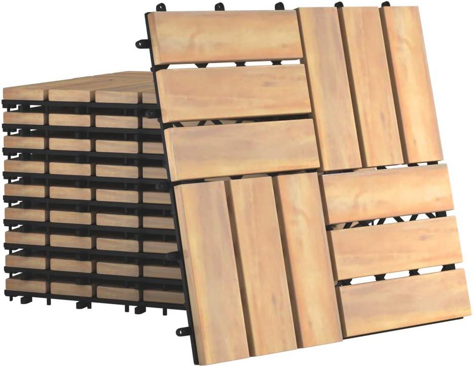 image:imageGiantex Interlocking Patio Deck Tiles Acacia Wood Deck Tiles Tools Free Assembly Wood Composite Patio Pavers Pack of 10 Outdoor and Indoor Flooring Tiles 12 x 12 Checker PatternChecker Pattern
