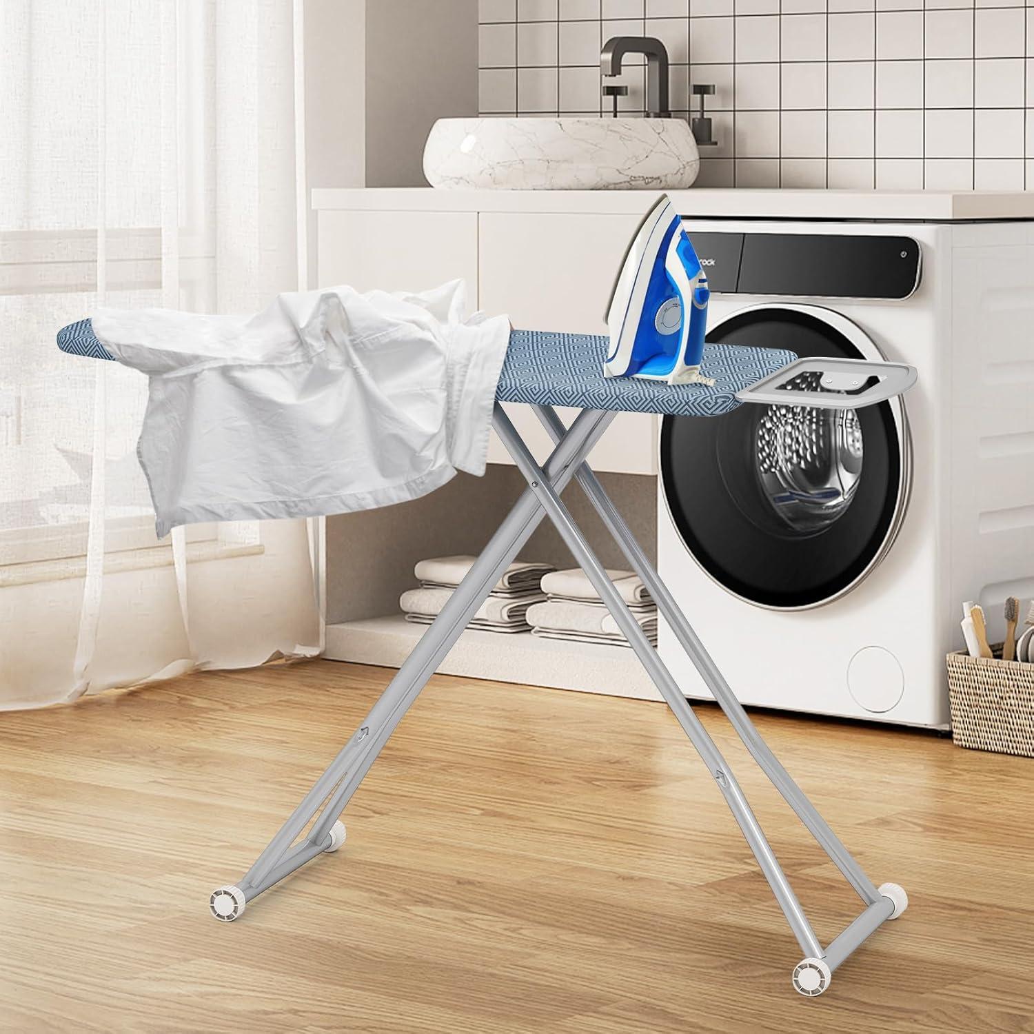 image:imageGiantex Ironing Board with Iron Rest 56 x 165 Carbon Steel Iron Board with 4 Layer Heat Resistant Cover amp Pad 7 Adjustable Heights NonSlip Legs Folding Heavy Duty Ironing Boards Light GrayBlue