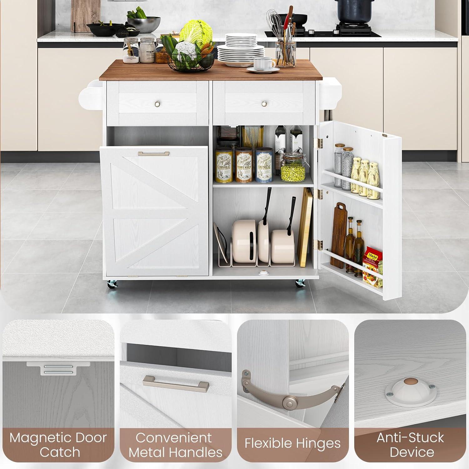 image:imageGiantex Kitchen Island Cart with Hidden Tilt Out Trash Can Cabinet Drop Leaf 2 Drawers Towel Rack Rolling Mobile Breakfast Bar Table Wood Kitchen Storage Cart on Wheels White amp NaturalWhite Natural