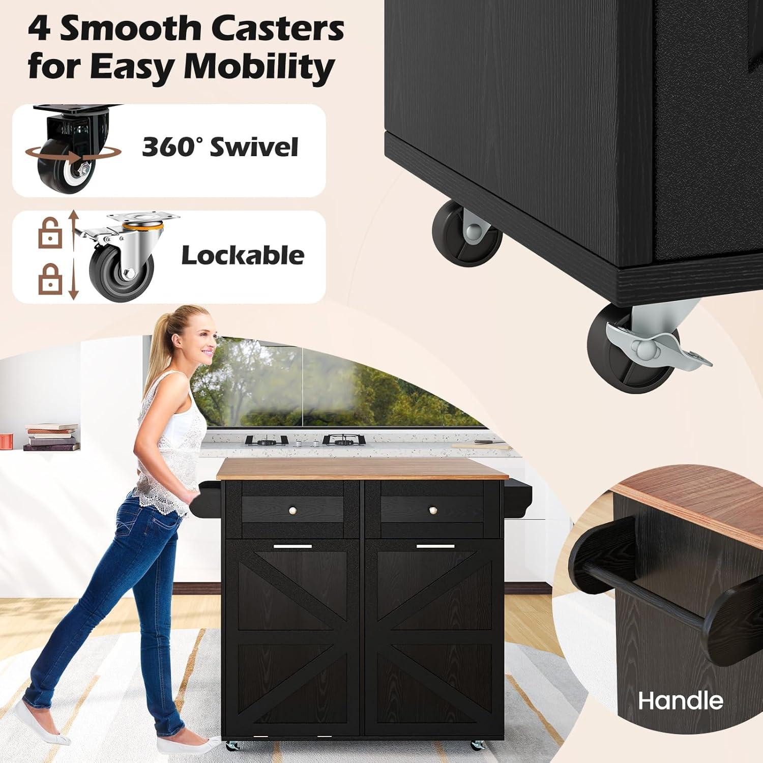 image:imageGiantex Kitchen Island Cart with Hidden Tilt Out Trash Can Cabinet Drop Leaf 2 Drawers Towel Rack Rolling Mobile Breakfast Bar Table Wood Kitchen Storage Cart on Wheels White amp NaturalBlack Natural