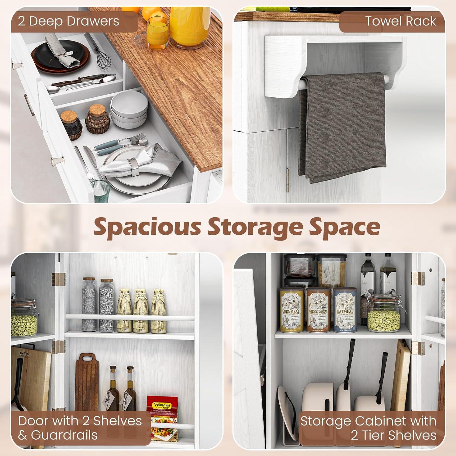 image:imageGiantex Kitchen Island Cart with Hidden Tilt Out Trash Can Cabinet Drop Leaf 2 Drawers Towel Rack Rolling Mobile Breakfast Bar Table Wood Kitchen Storage Cart on Wheels White amp NaturalWhite Natural