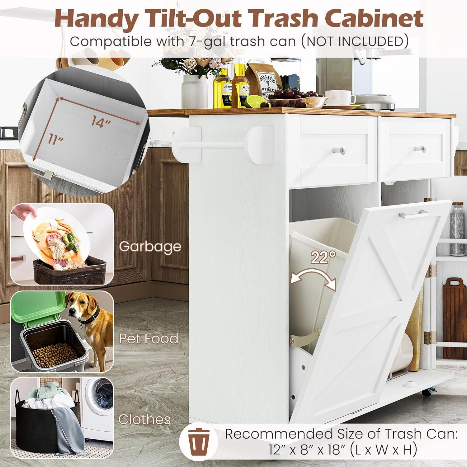image:imageGiantex Kitchen Island Cart with Hidden Tilt Out Trash Can Cabinet Drop Leaf 2 Drawers Towel Rack Rolling Mobile Breakfast Bar Table Wood Kitchen Storage Cart on Wheels White amp NaturalWhite Natural