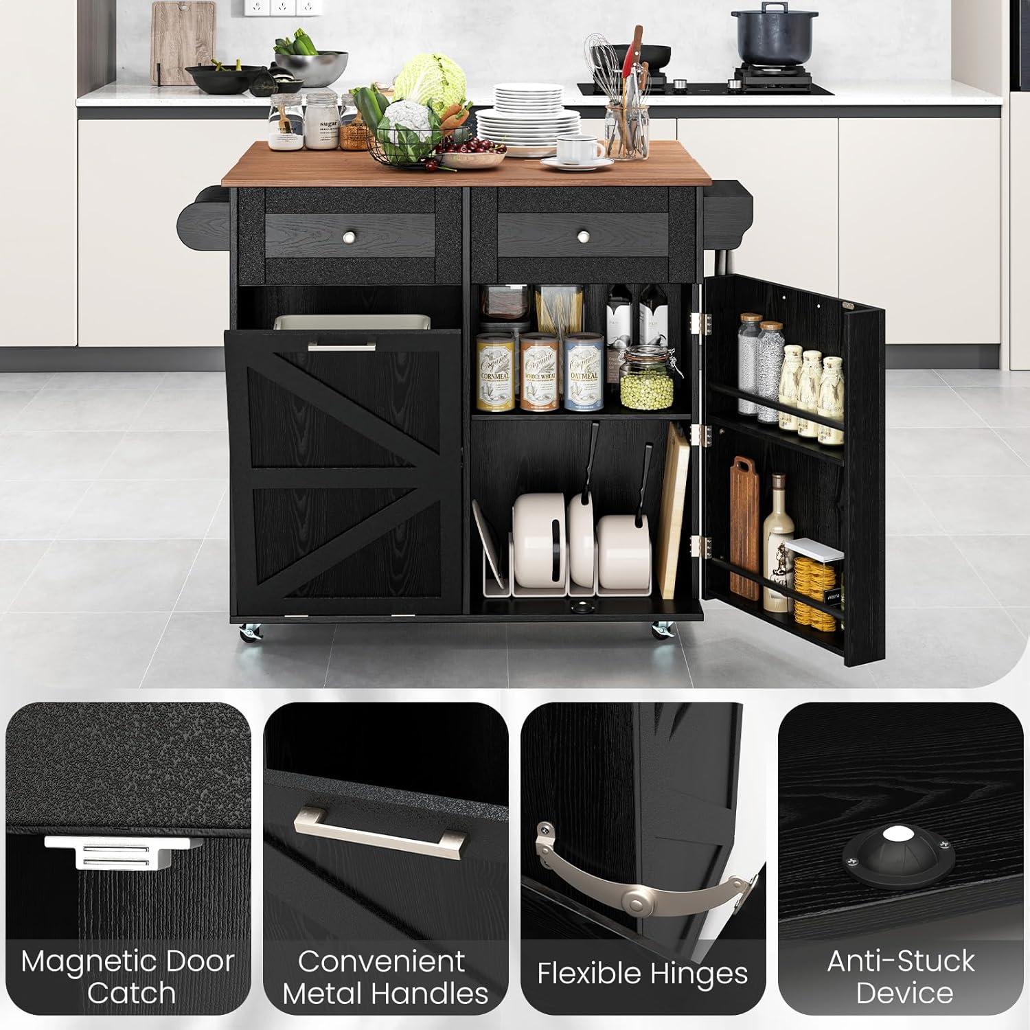 image:imageGiantex Kitchen Island Cart with Hidden Tilt Out Trash Can Cabinet Drop Leaf 2 Drawers Towel Rack Rolling Mobile Breakfast Bar Table Wood Kitchen Storage Cart on Wheels White amp NaturalBlack Natural