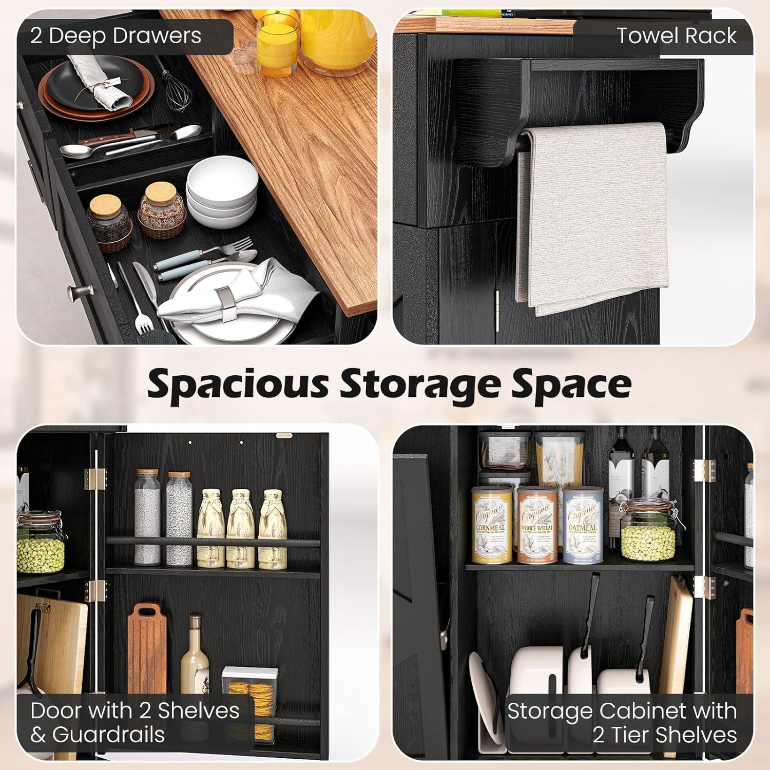 image:imageGiantex Kitchen Island Cart with Hidden Tilt Out Trash Can Cabinet Drop Leaf 2 Drawers Towel Rack Rolling Mobile Breakfast Bar Table Wood Kitchen Storage Cart on Wheels White amp NaturalBlack Natural