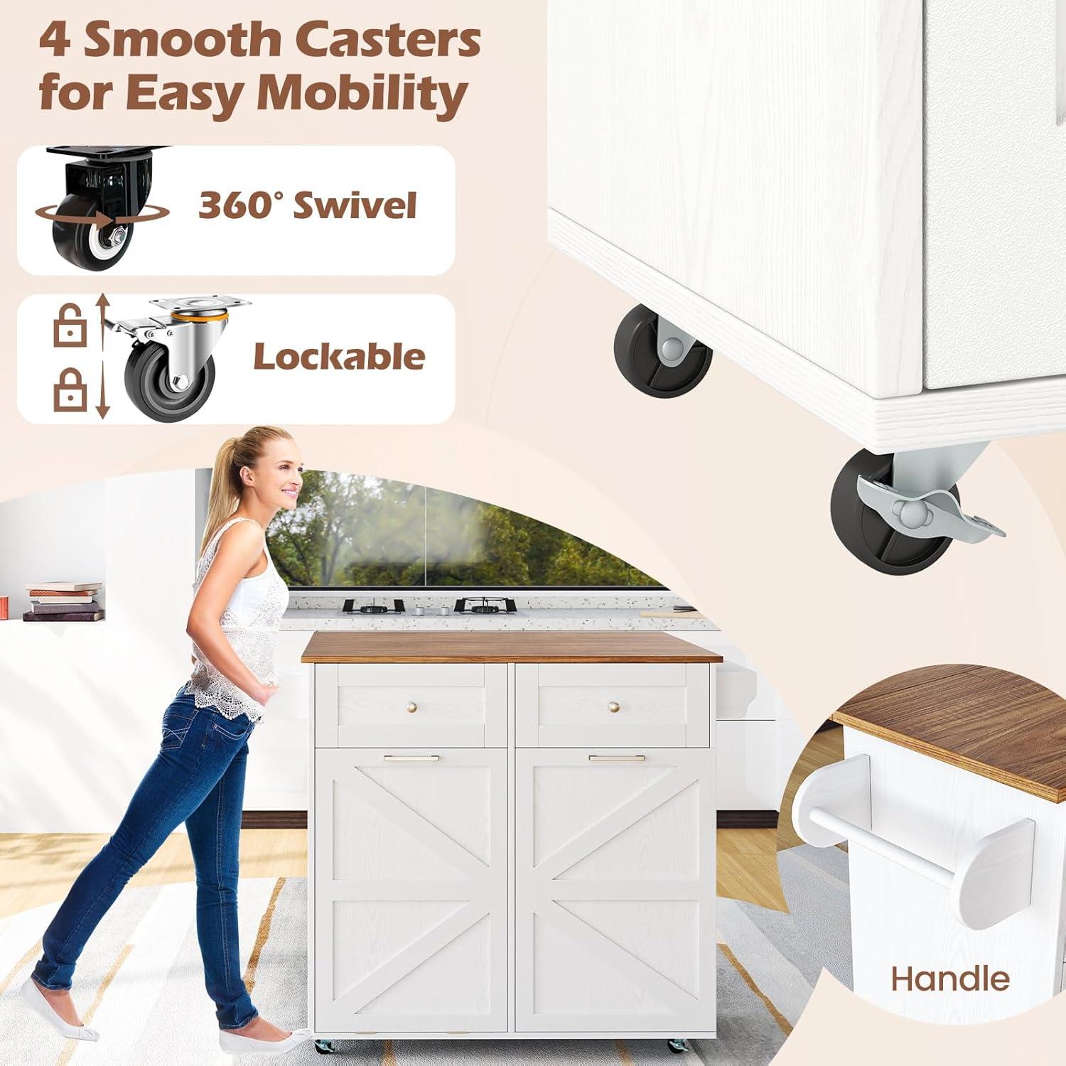 image:imageGiantex Kitchen Island Cart with Hidden Tilt Out Trash Can Cabinet Drop Leaf 2 Drawers Towel Rack Rolling Mobile Breakfast Bar Table Wood Kitchen Storage Cart on Wheels White amp NaturalWhite Natural