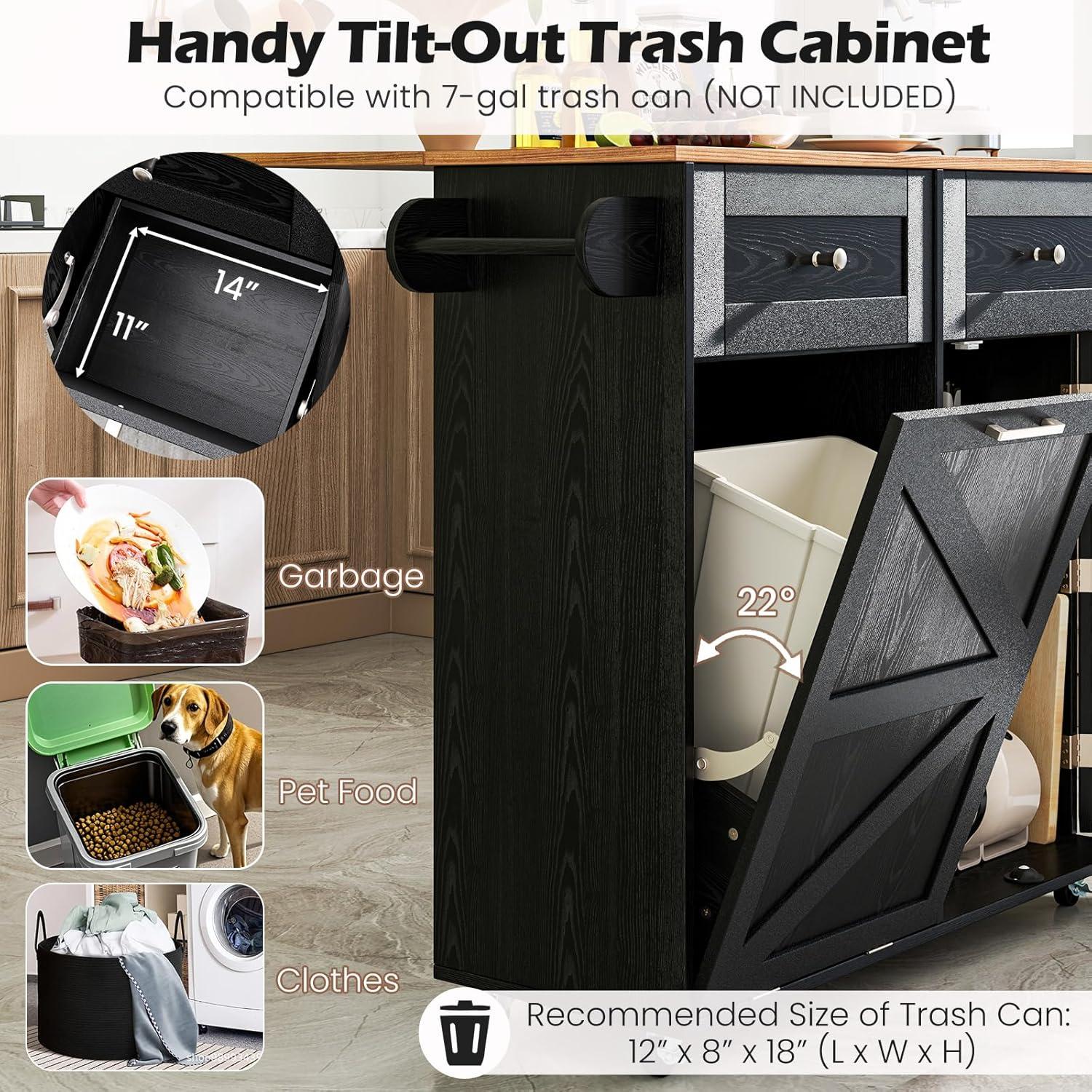image:imageGiantex Kitchen Island Cart with Hidden Tilt Out Trash Can Cabinet Drop Leaf 2 Drawers Towel Rack Rolling Mobile Breakfast Bar Table Wood Kitchen Storage Cart on Wheels White amp NaturalBlack Natural