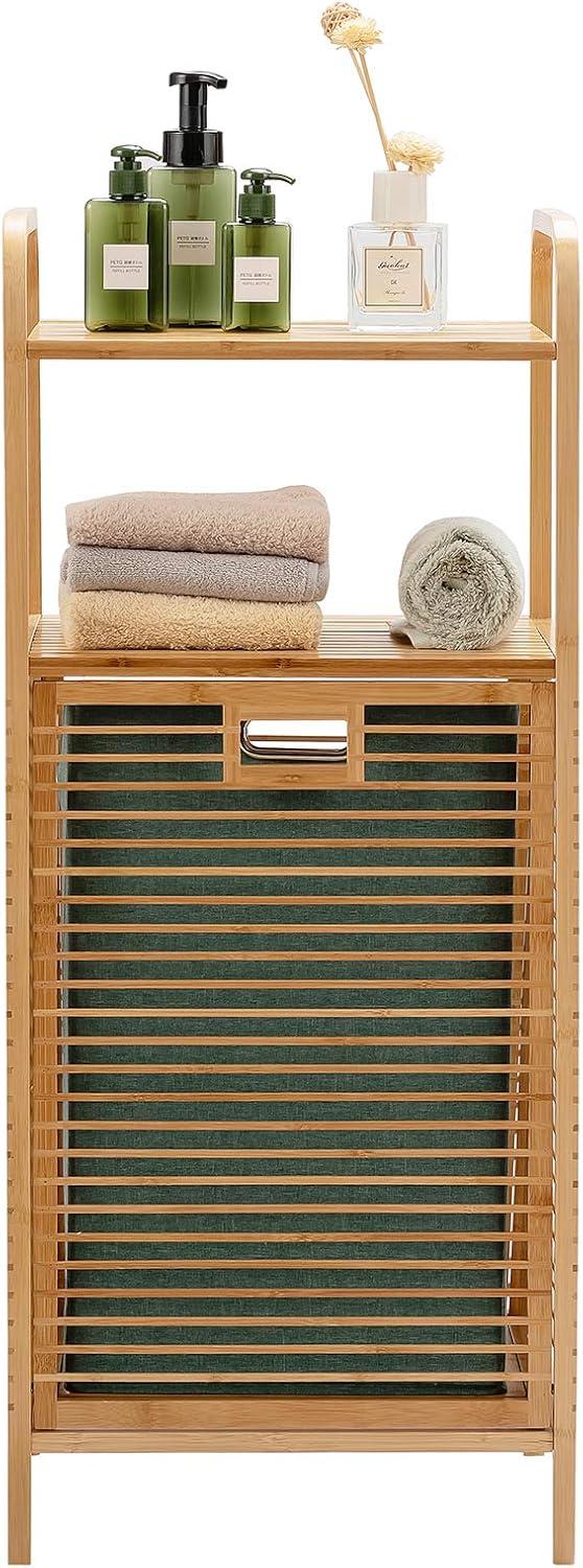 image:imageGiantex Laundry Hamper TiltOut Laundry Linen Hamper Bamboo Freestanding Clothes Basket WShelf amp Removable Liner Storage Laundry Shelf for Bathroom Living Room Bedroom NaturalNaturalGreen
