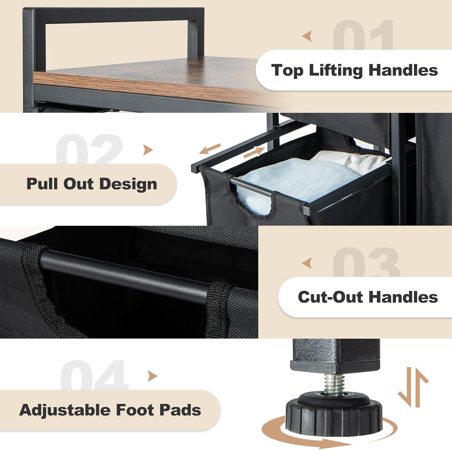 image:imageGiantex Laundry Hamper with Shelf Laundry Basket Organizer with 3 PullOut Removable Bags Top Storage Shelf Metal Frame Laundry Sorter 3 Section for Laundry Room Bathroom Rustic Brown amp Black