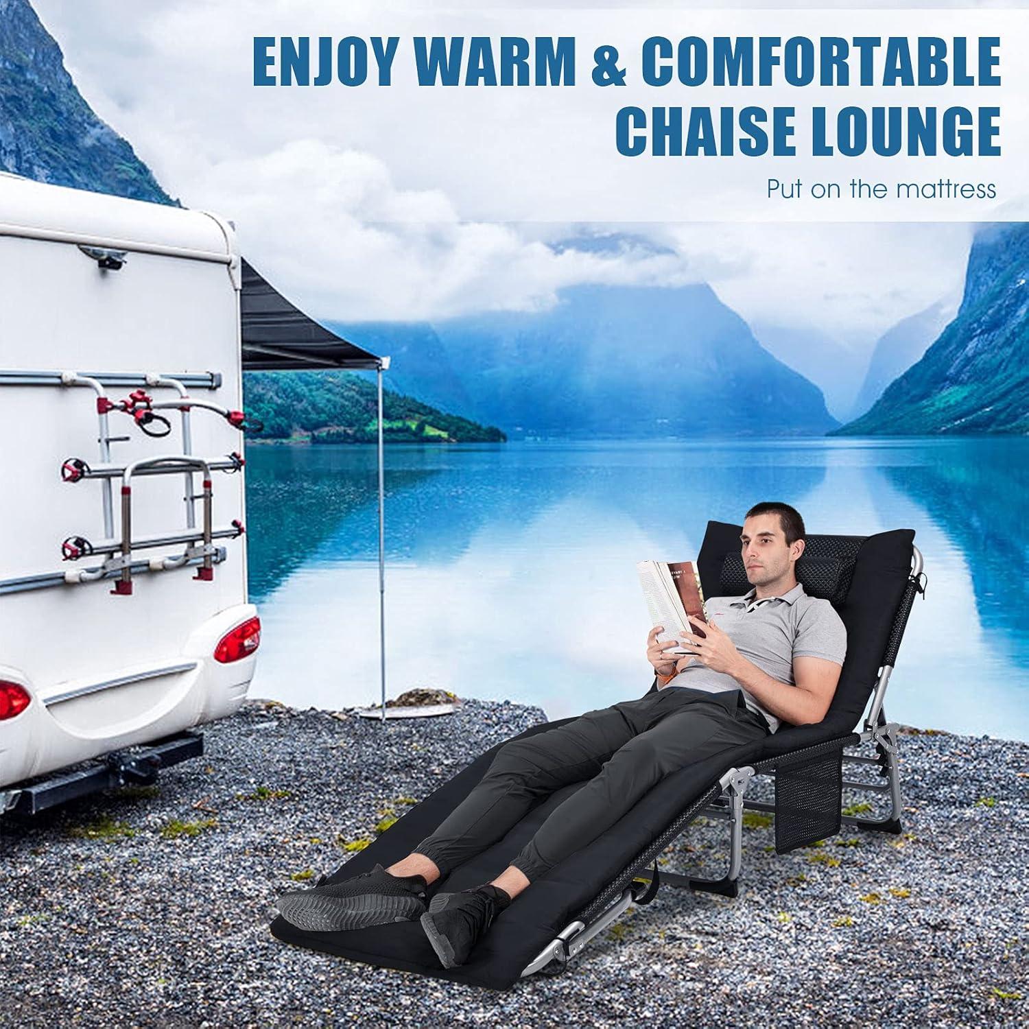 image:imageGiantex Lounge Chair Chaise Lounger Beach Recliner with Mattress 4 Adjustable Reclining Position Pillow Side Pocket for Beach Sunbathing Patio Pool Lawn Deck Folding Camping Cot 1 BeigeBlack