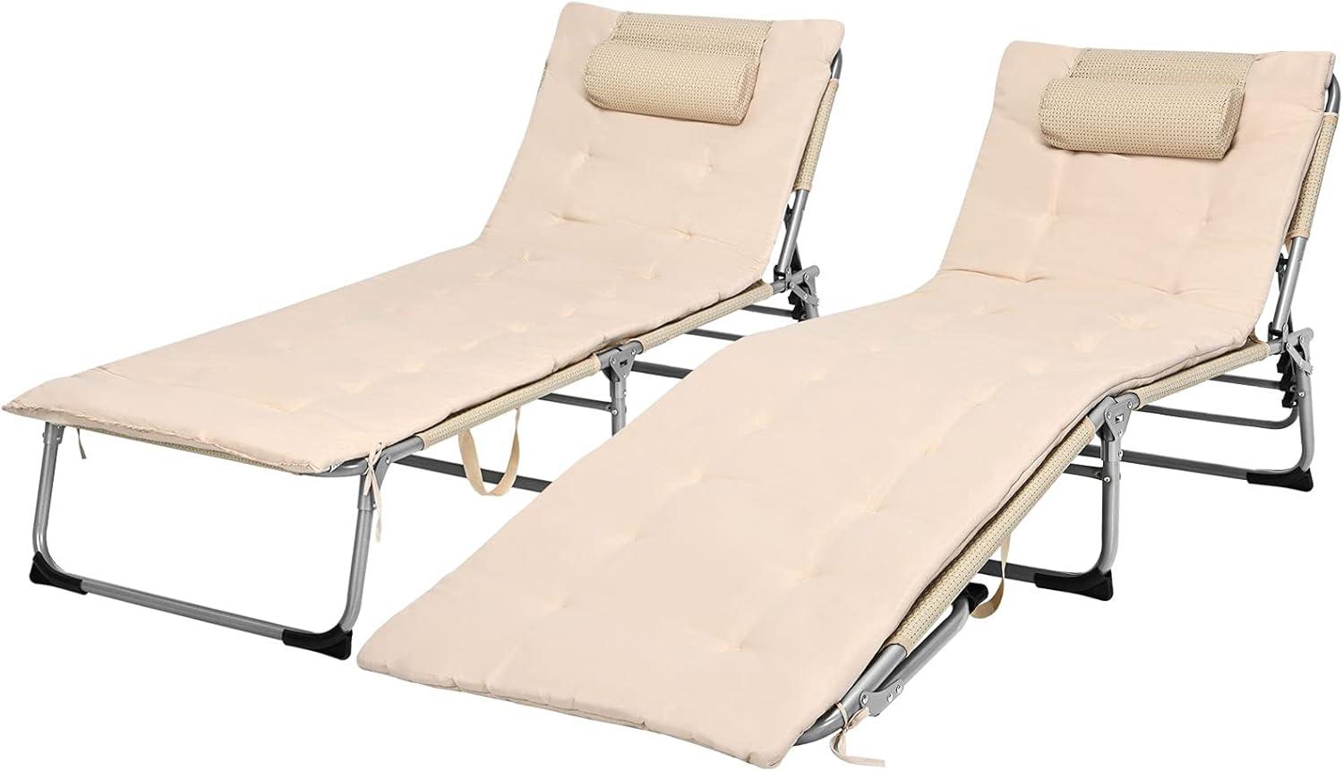 image:imageGiantex Lounge Chair Chaise Lounger Beach Recliner with Mattress 4 Adjustable Reclining Position Pillow Side Pocket for Beach Sunbathing Patio Pool Lawn Deck Folding Camping Cot 1 BeigeBeige