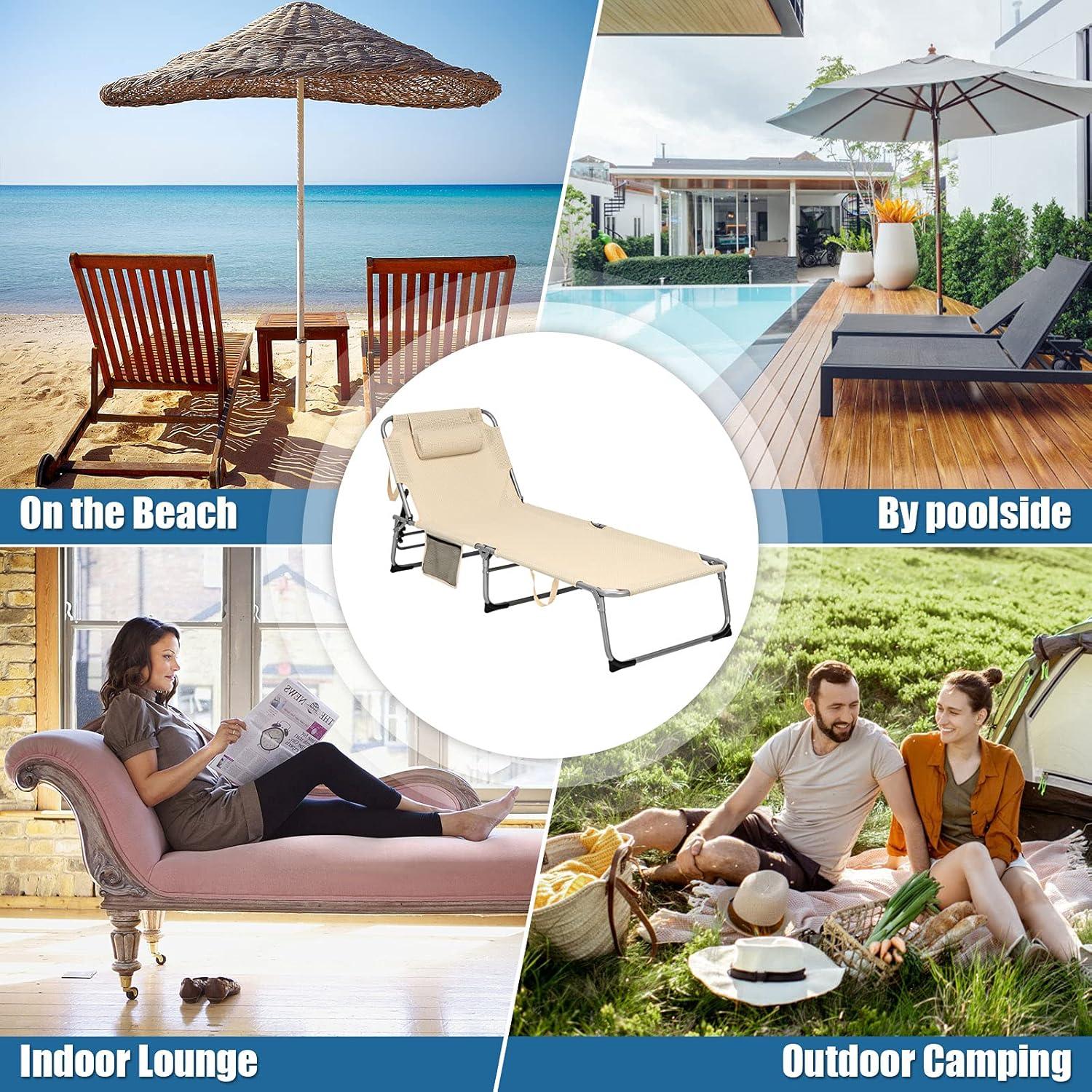 image:imageGiantex Lounge Chair Chaise Lounger Beach Recliner with Mattress 4 Adjustable Reclining Position Pillow Side Pocket for Beach Sunbathing Patio Pool Lawn Deck Folding Camping Cot 1 BeigeBeige