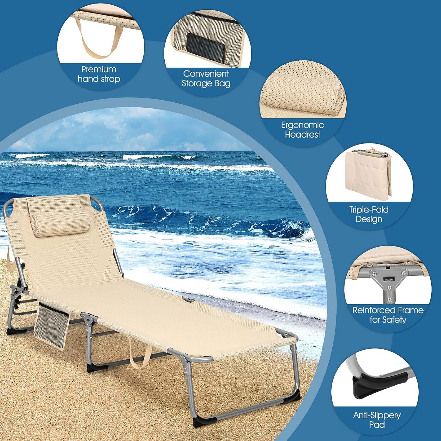 image:imageGiantex Lounge Chair Chaise Lounger Beach Recliner with Mattress 4 Adjustable Reclining Position Pillow Side Pocket for Beach Sunbathing Patio Pool Lawn Deck Folding Camping Cot 1 BeigeBeige